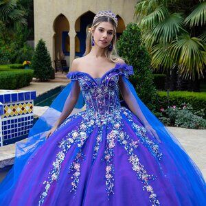 New Off Shoulder Mesh Ball Gown w/ Rhinestones Embroidery & Lace Up Back GL3518